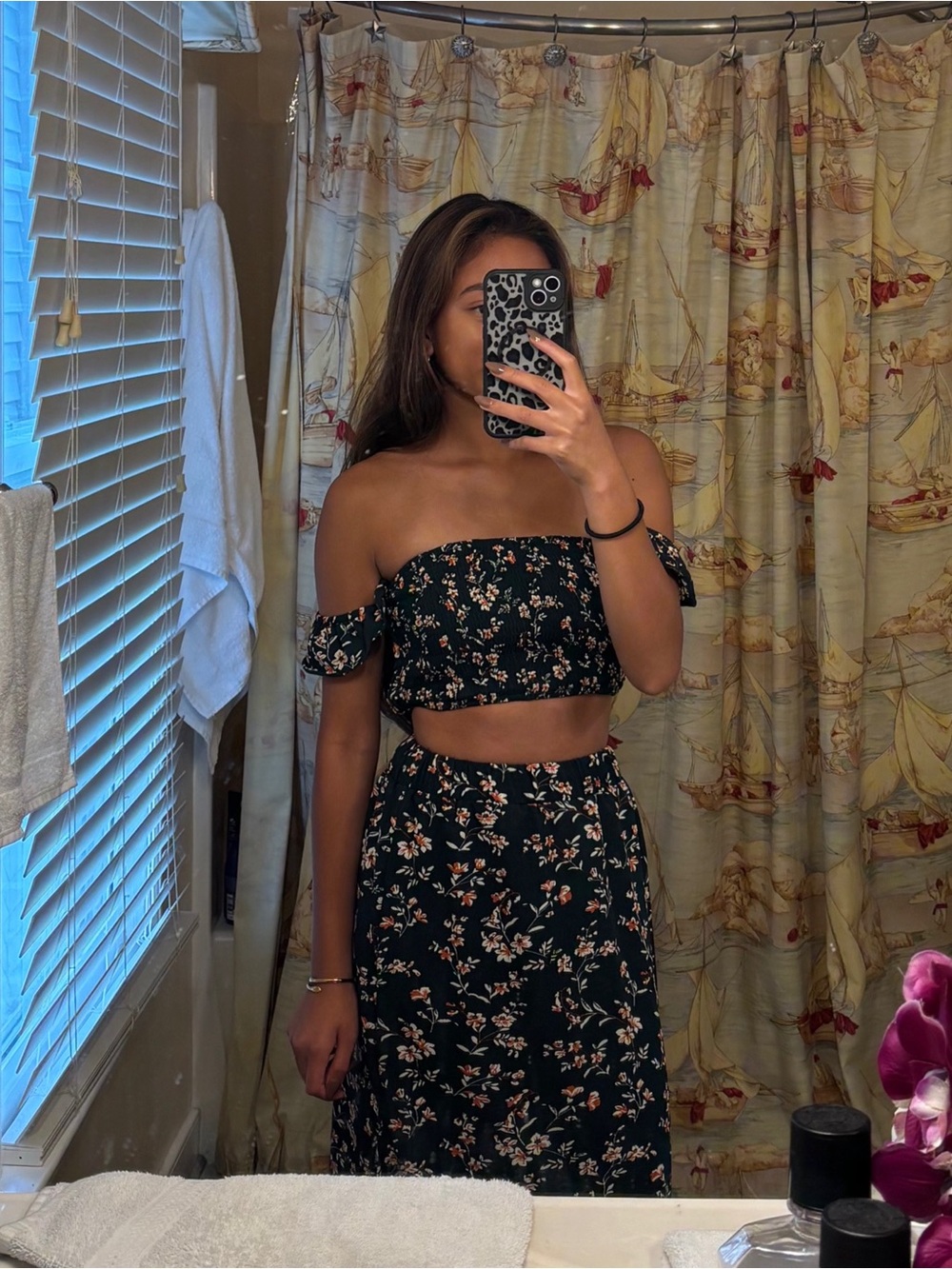 Floral Off-Shoulder Crop Top and Skirt Set - Black Floral